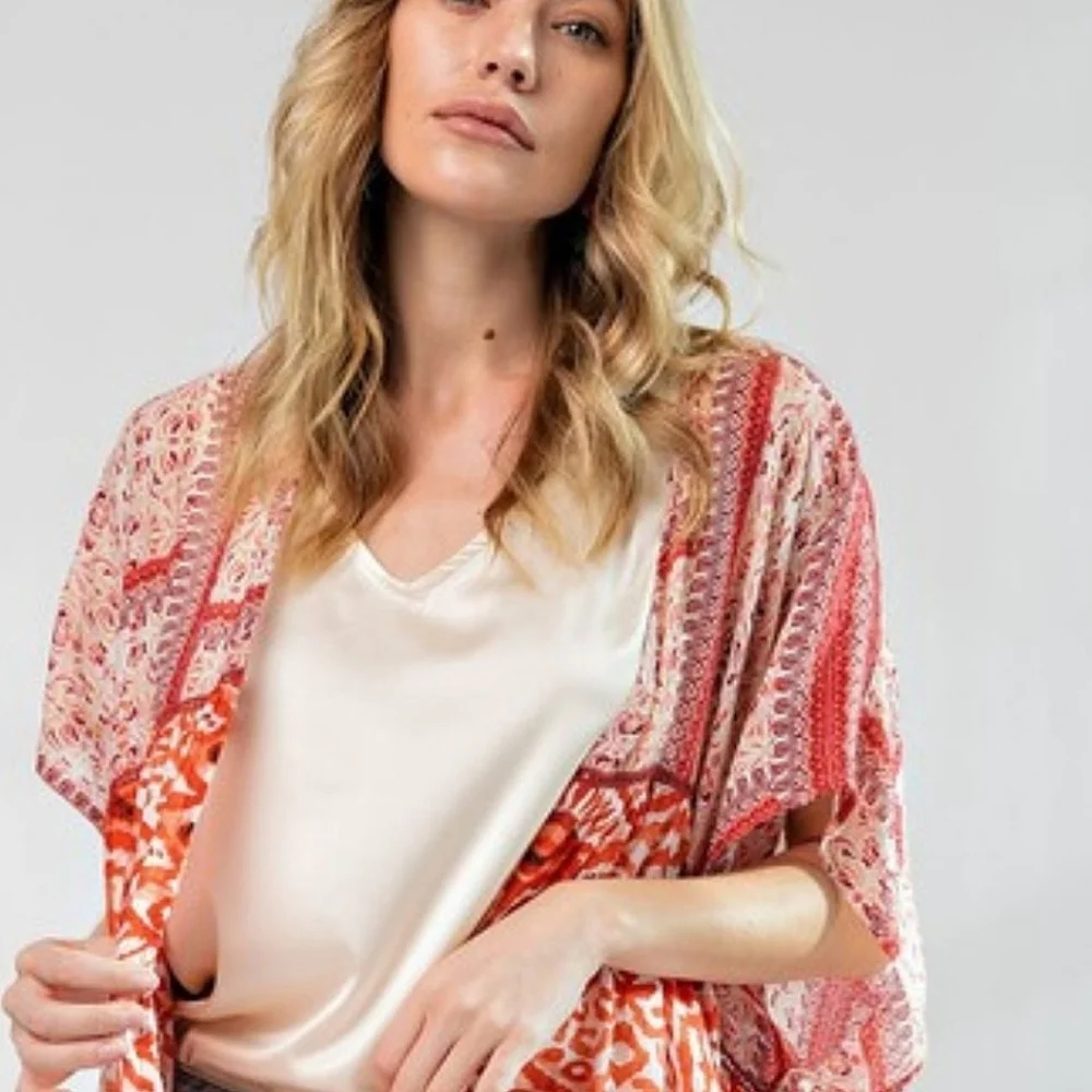 Easel "Lunch In The Garden" Orange and White Floral Boho Kimono, Size 3X. NWT - Picture 6 of 11